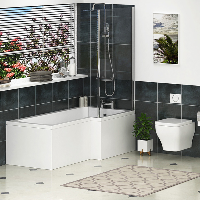 1600mm L Shaped Shower Bath Tub Qubix Right Hand Acrylic Front & End